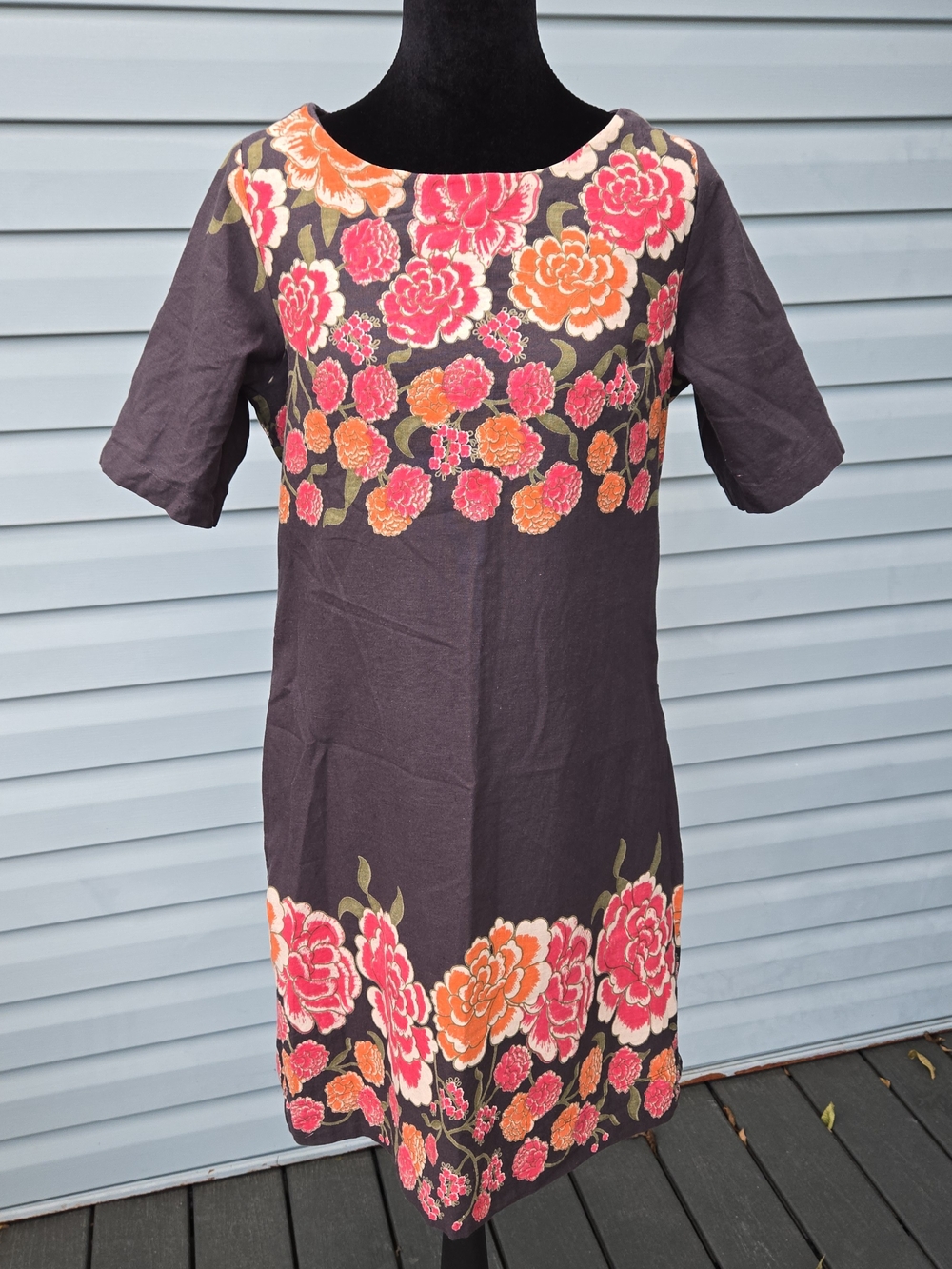 Bombay & Paisley Womens Medium Shift Dress Floral Border Print Linen Blend Boho